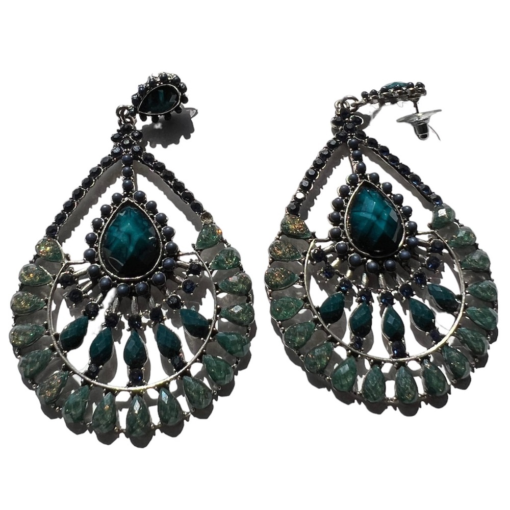 emerald green and blue Earrings, Oversized Rhinestone statement Pageant Formal